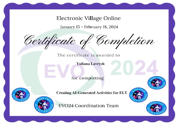 Creating_AI_Generated_Activities_for ELT Official EVO 2024 Certificate of Completion 1437